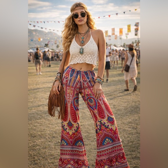 Billabong Pants - VTG Billabong Red Blue Paisley Pants Casual Comfy Strech bell bottom festival